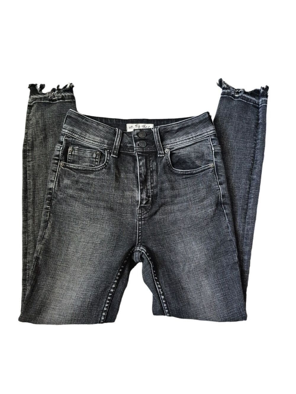 We The Free Black High Waisted Skinny Jeans Chewed Raw Hem Size 26 Black Jeans